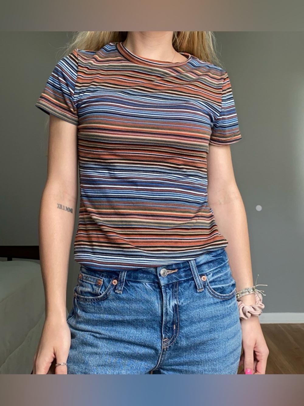 SHEIN Striped Short Sleeve Tee in Blue, Brown & Cream